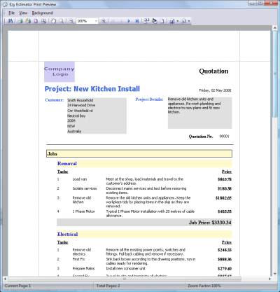 Ezy Estimator Print preview